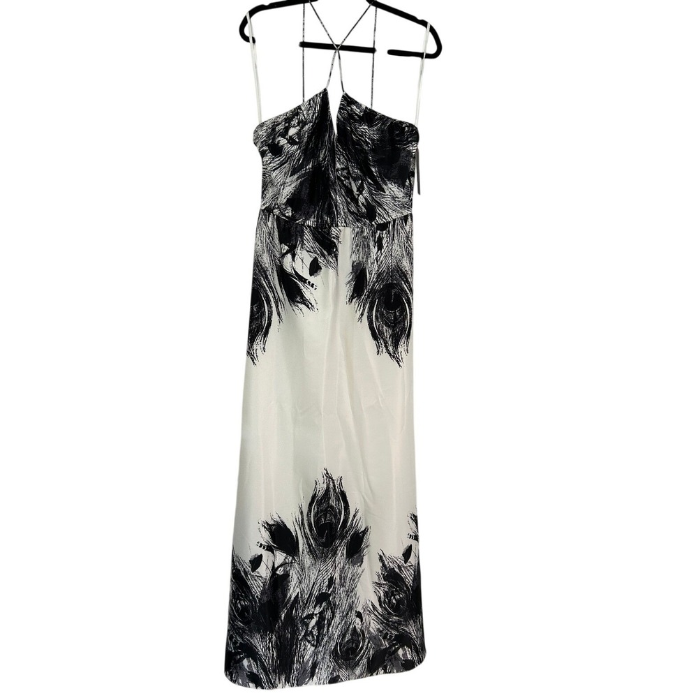 NEW Aqua Black White Peacock Feather Maxi Dress 12 Bloomingdales MSRP $238